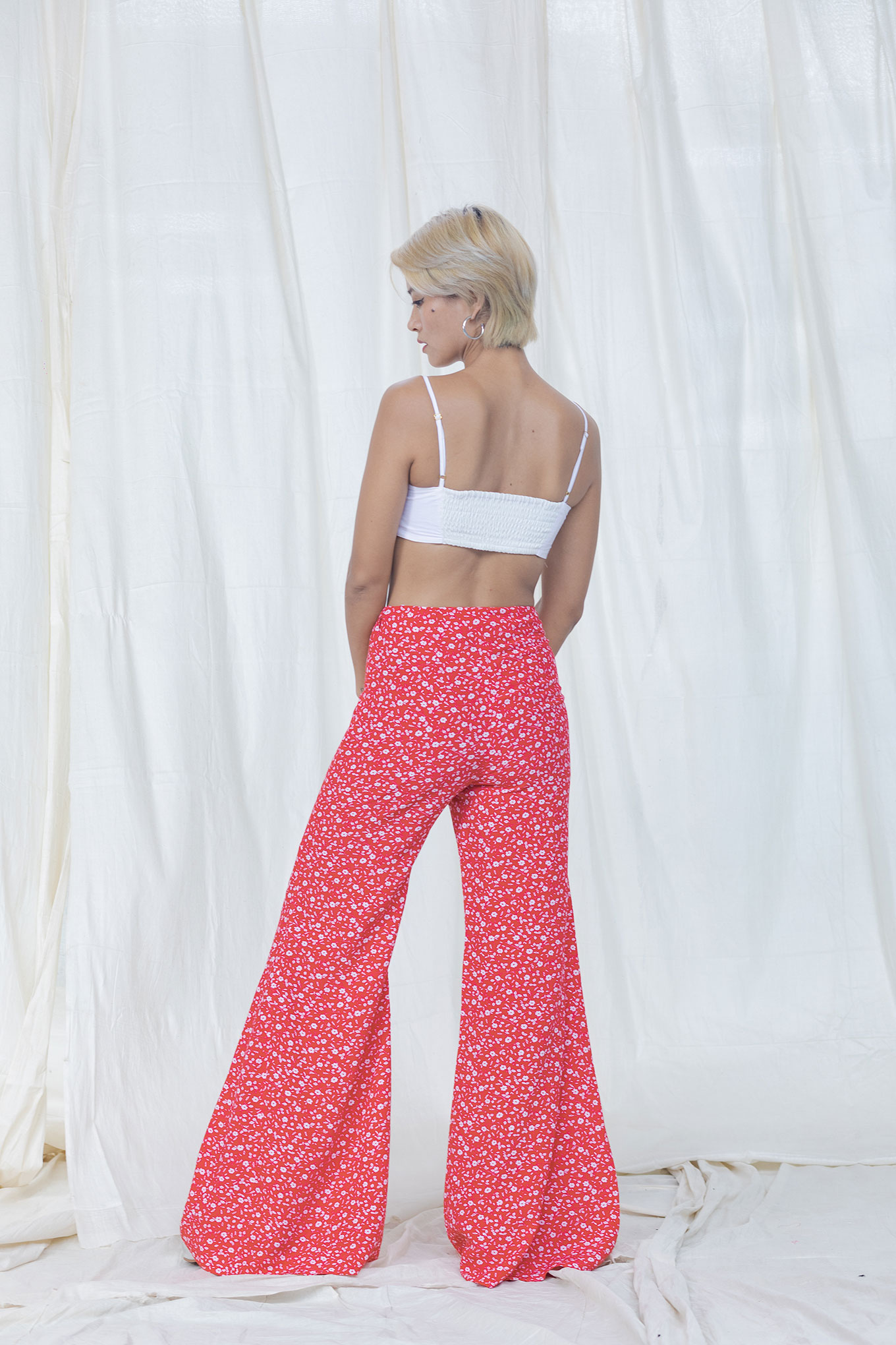 Buy Red And White Floral High Waist Bell Bottom Pants Online